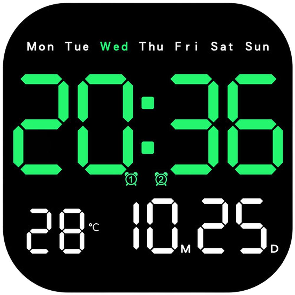 

LED Wall Clock with Calendar Date Temperature Moon Phase Alarm Auto Light Sensor Blue Orange Red Magenta Green зелений