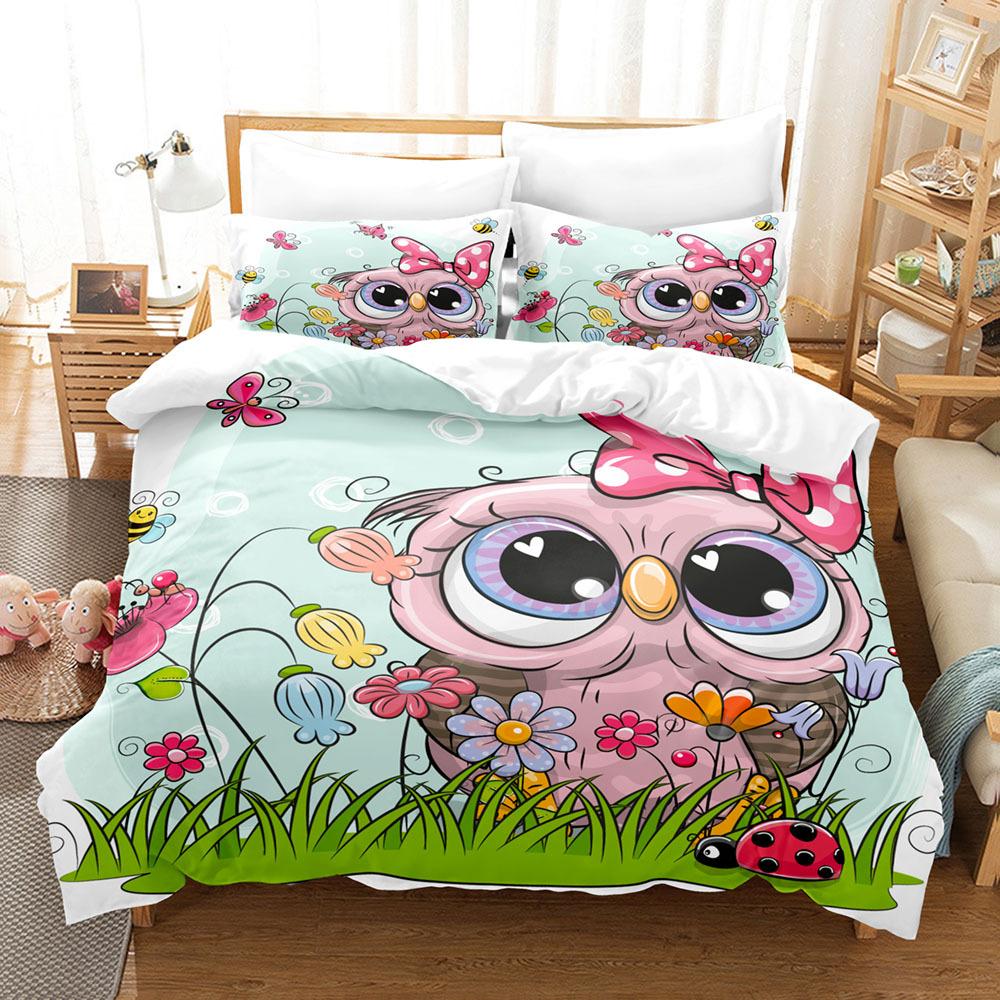 Comforter Owl Bedding Set Lovely Green Cartoon Owl For Kids Boys Girls Bird Animal Print Decor