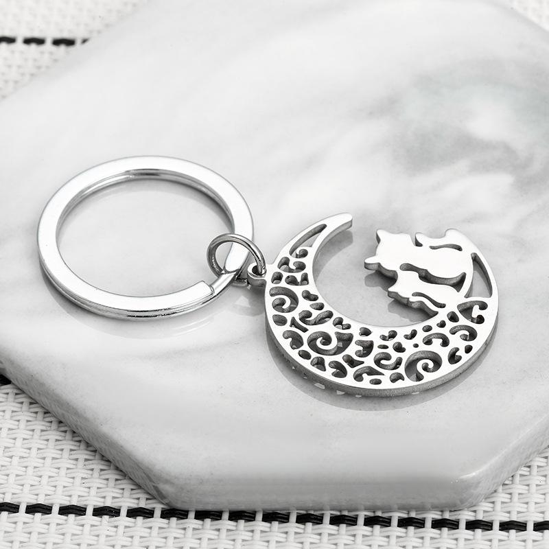 Cartoon Moon Cat Stainless Steel Keychain Sweet Snuggling Kitten Design Fashion Couple Pendant Practical Daily Bag Charm