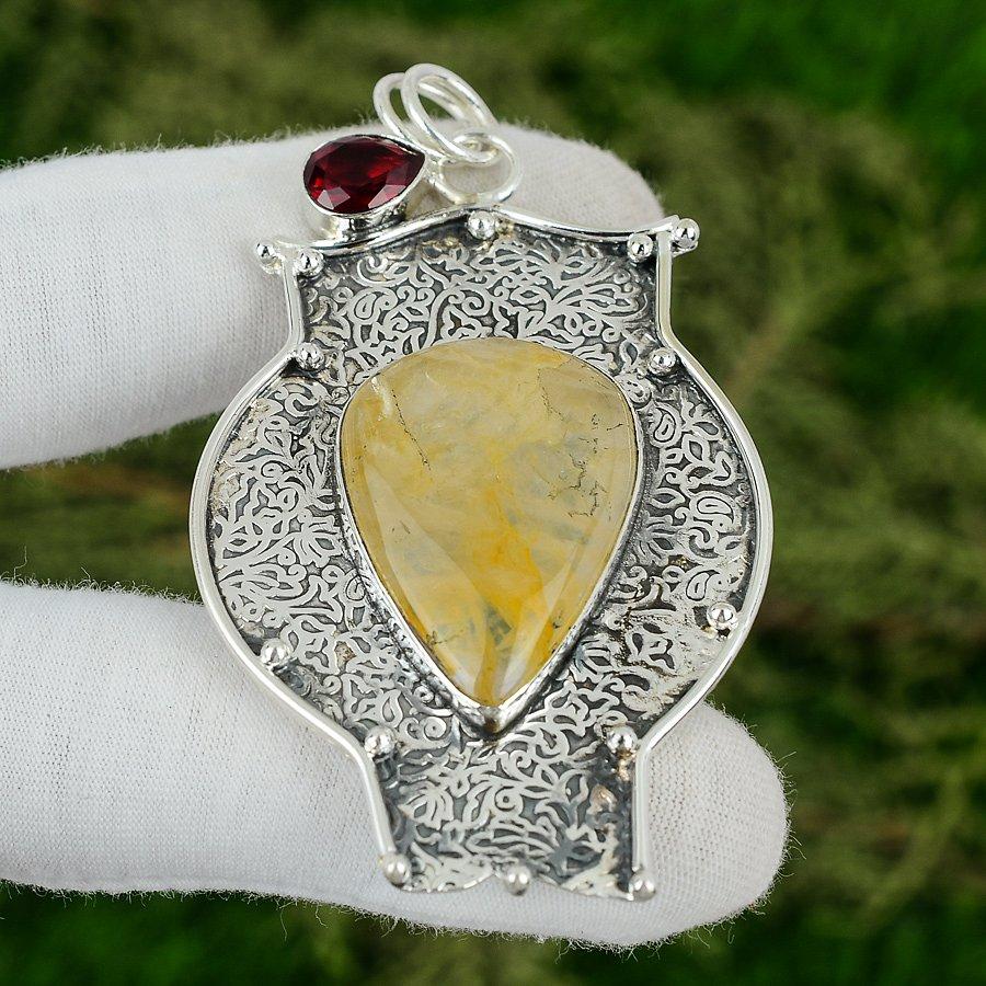 Golden Rutile Stone Mozambique Garnet Bezel Boho Elegant Pendant Sterling Silver