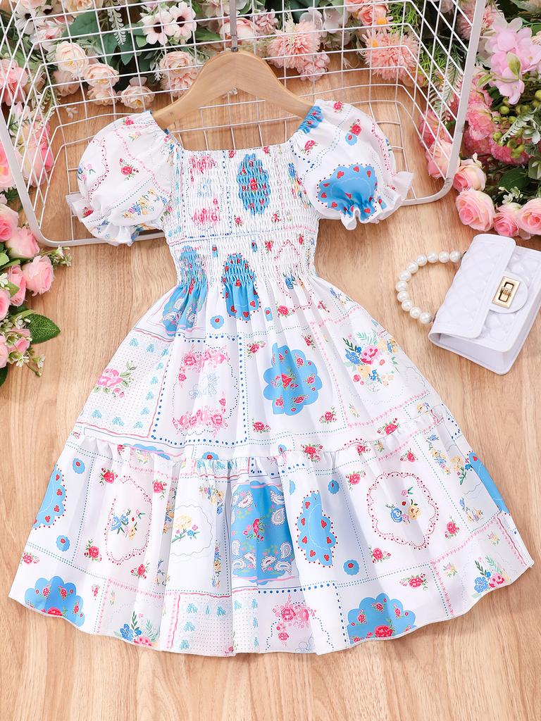 Dziewczęca sukienka codzienna z bufiastymi rękawami, sukienki księżniczki z nadrukiem dla dzieci, ubrania letnie