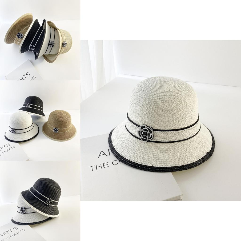 Stylish Straw Paper Beach Sun Hat In Khaki Beige Black And White Colors