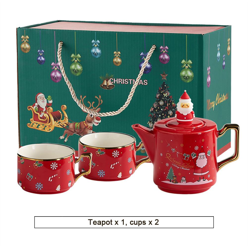 Red Ceramics Teaware Sets Santa Claus Snowman Elk Teapot Teacup Christmas Coffee Cup Saucers Stackable Xmas New Year Gifts