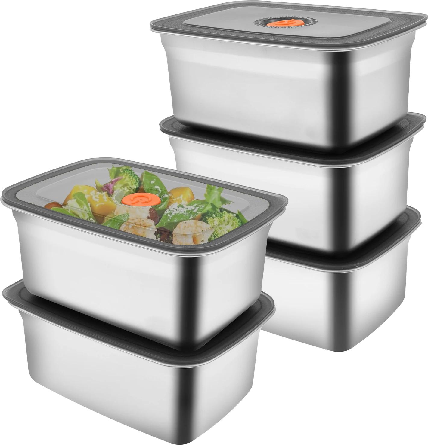 

5PCS Stainless Steel Food Storage Container Fridge Fruit Vegetable Meat Airtight Crisper Box Microwave Kitchen Organizer