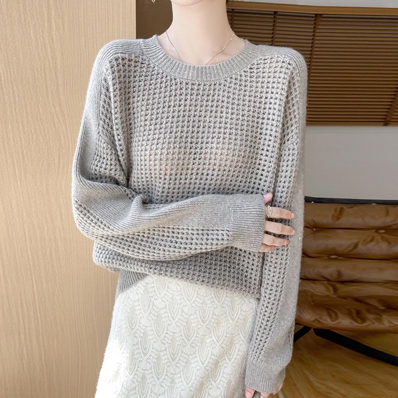 Women's 100% Wool Knit Sweater - Round Neck, Versatile Slimming Style, Cashmere Pullover, Cardigan Base Layer