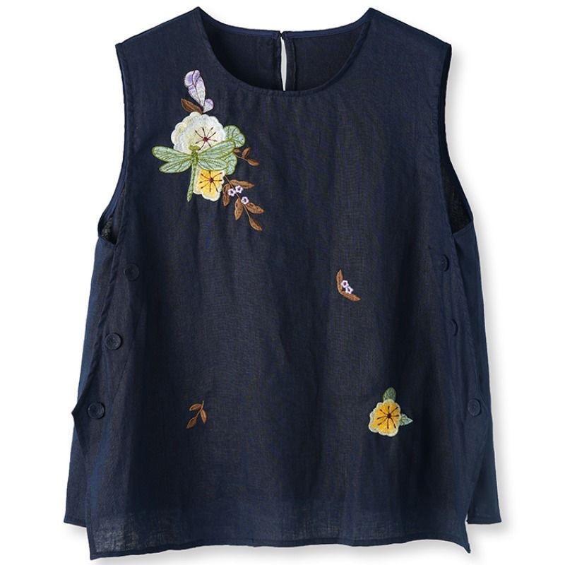 Chinese Style Cotton Vest Vest Ladies Summer Embroidered Button Design Sleeveless Top