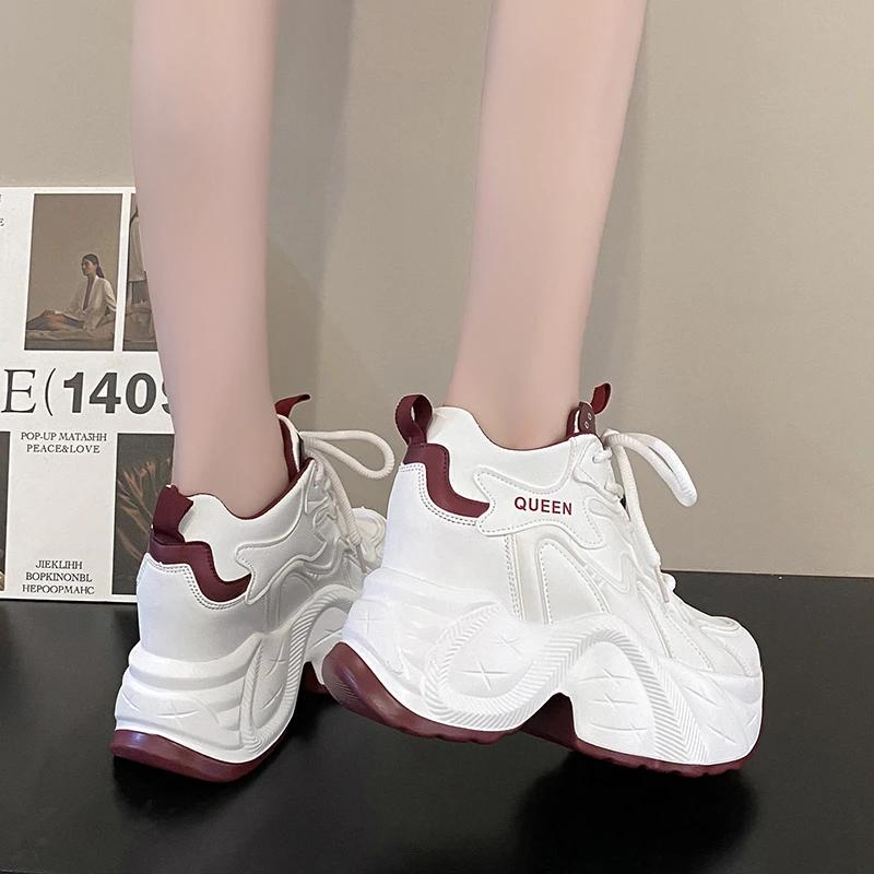 Fashion 2025 Bling Chain Chunky Sneakers New Designer High Top Platform Casual Shoes Females Spring 11CM Wedge Heels Sport Leather Shoes