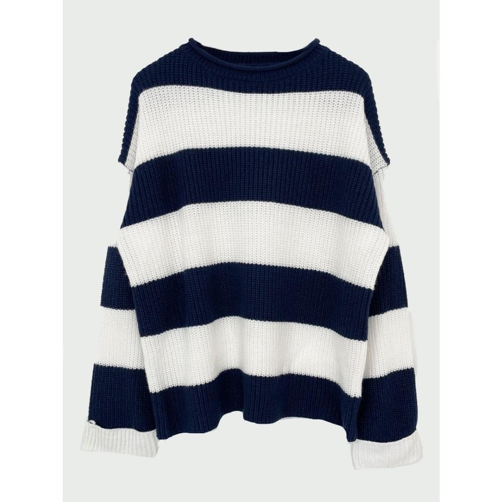 2KWEIRD Rundhals Langarm Gestreifter Pullover für Damen Mode Glockenärmel Locker Gestrickte Pullover Y2k Preppy-Stil