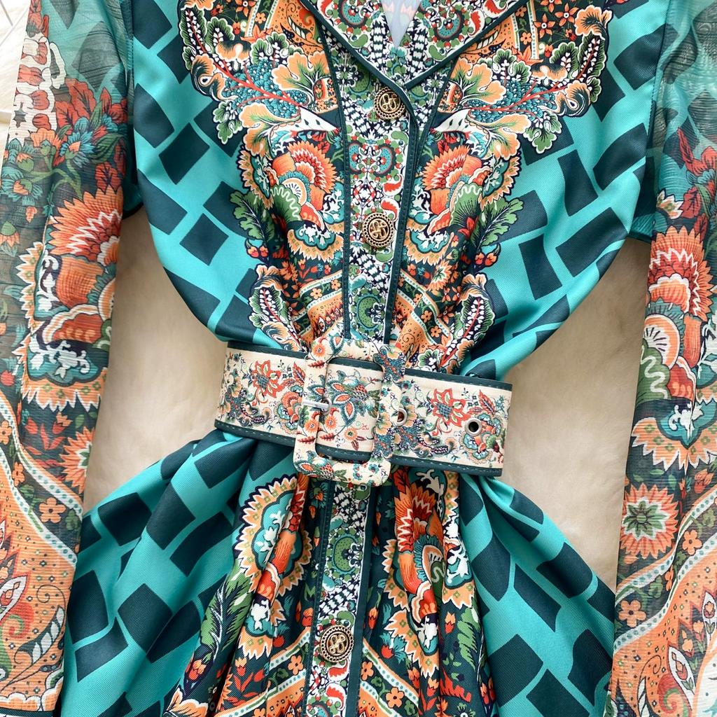 Spring Autumn Women Elegant Notched Collar Designer Print Single Breasted Long Maxi Holiday Party Blazer Dresses