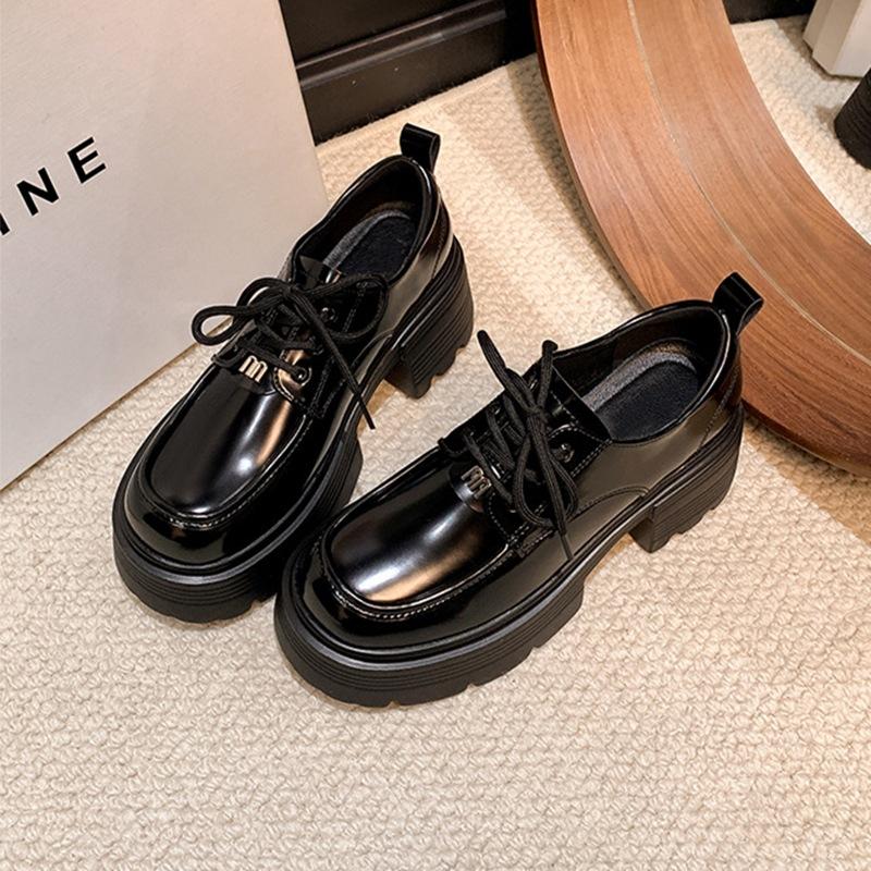 Cowhide Version~ Platform-soled JK Loafers Lace-up Thick Heel Versatile Small Leather Shoes Women's 2025 Autumn and Winter New Round Head Single Shoes