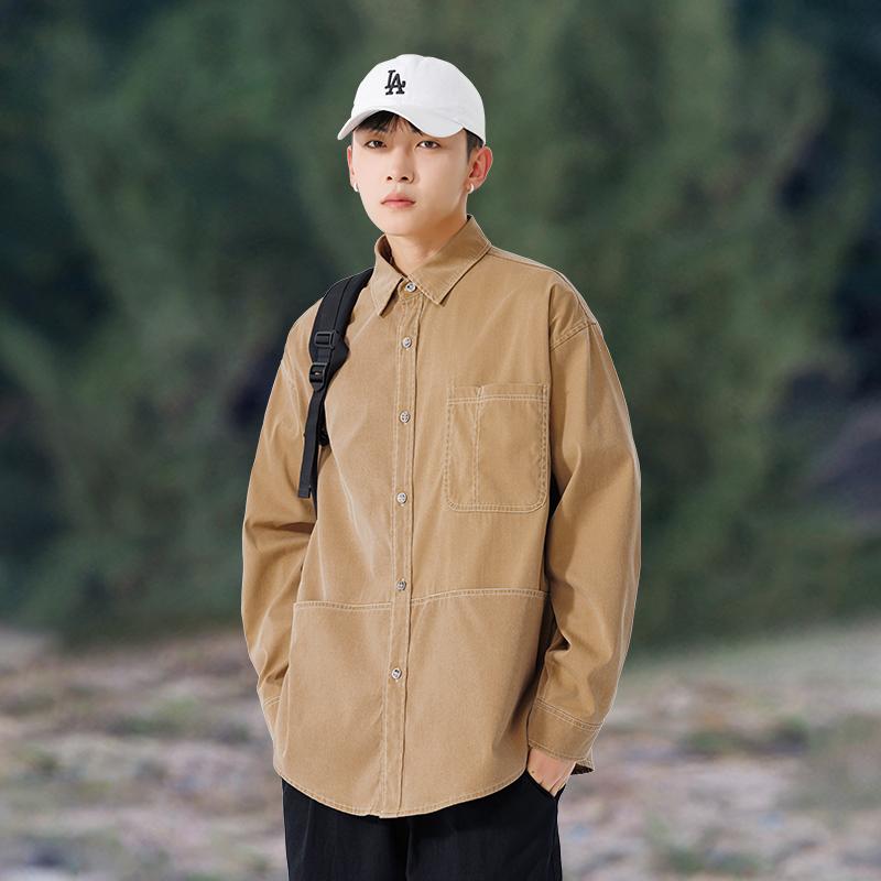 Outdoor Mode Overhemd Lange Mouwen Shirt Heren Mooi Top Effen Kleur Kraag Los Veelzijdig Jas Heren Casual