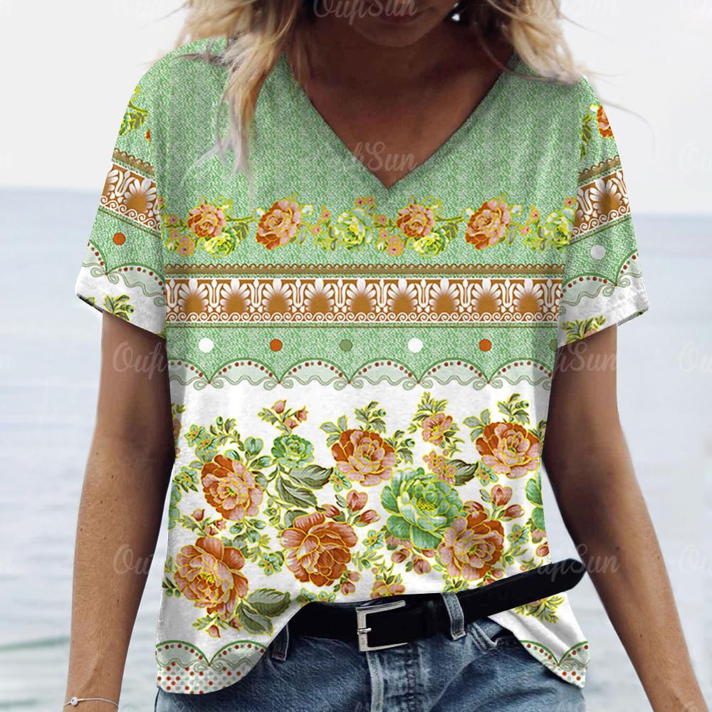Vintage Damen T-Shirt Ethnischer Blumendruck Übergroße Bluse Damen Trendige Kleidung Mode Kurzarmshirt Damen V-Ausschnitt Hund