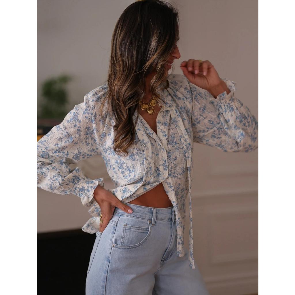 Women's  Spring Summer New Floral Print V Neck Tie Long Sleeve Blouse Vacation Style Casual Shirt For Women European American Crossborder