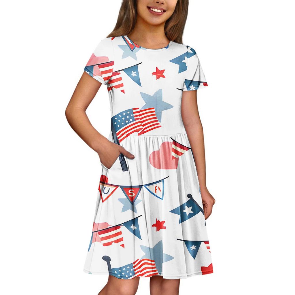 Girl Summer Dress  Solid Color & Print Sleeveless Dress With Pocket Casual Dress Shorts Sleeve Party Dress