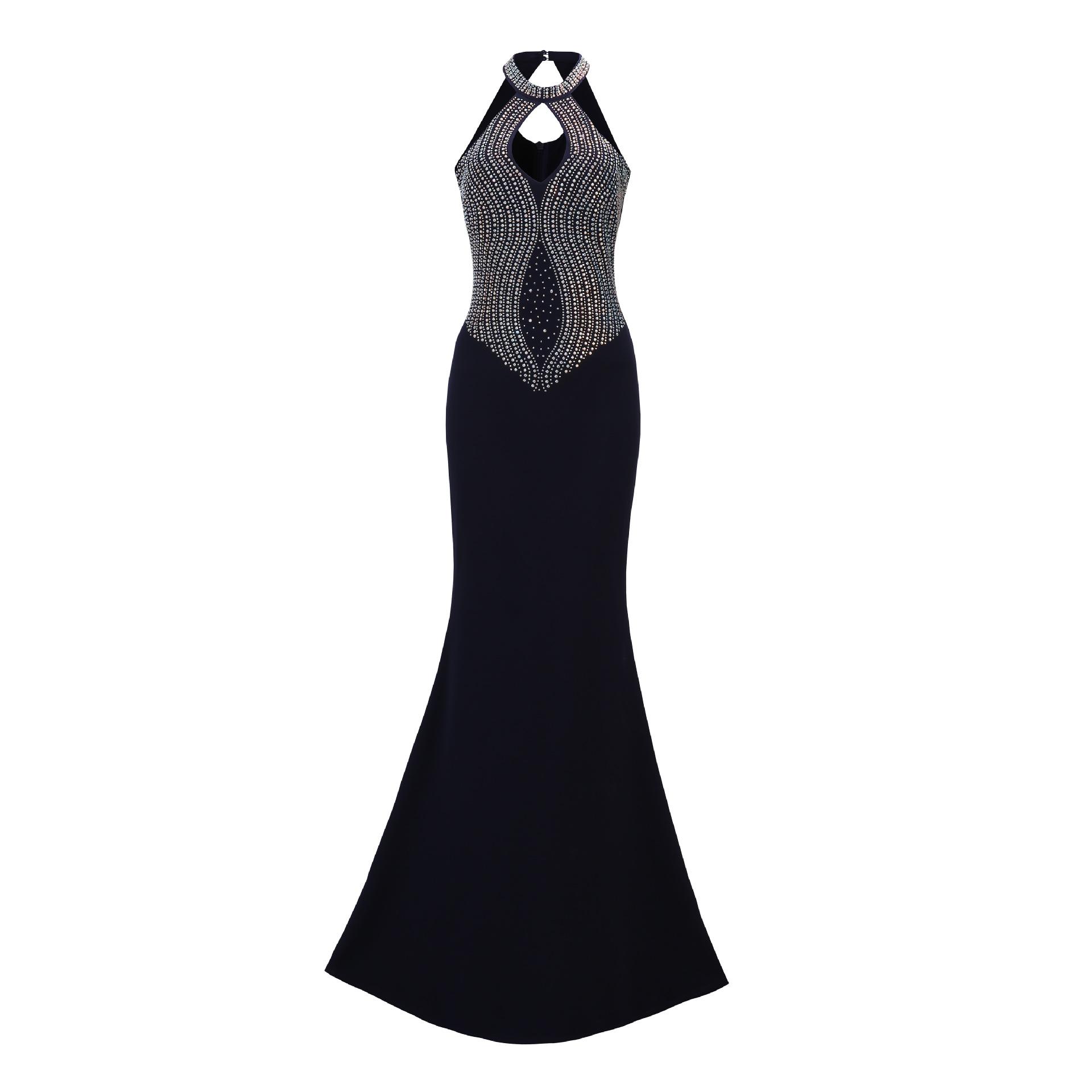 

Customized processing, European beautiful women s neck open back hot drill slim fit elegant super long fishtail skirt dress dress dress S