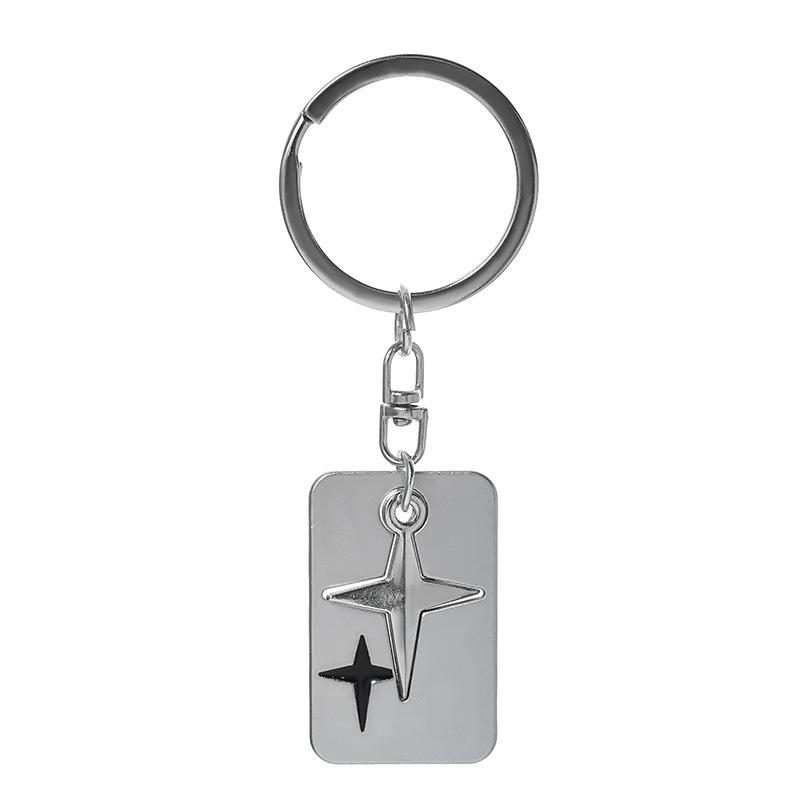 Double Layer Cross Square Stainless Steel Keychain Trendy Splicing Design Fashion Keyring Practical Bag Pendant