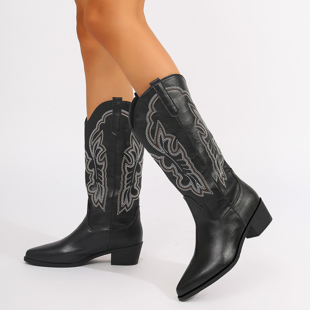 

2024 Новые женские сапоги на высоком каблуке с рукавами, модные туфли на толстом каблуке, модные вышитые зимние удобные женские сапоги 42 чёрный