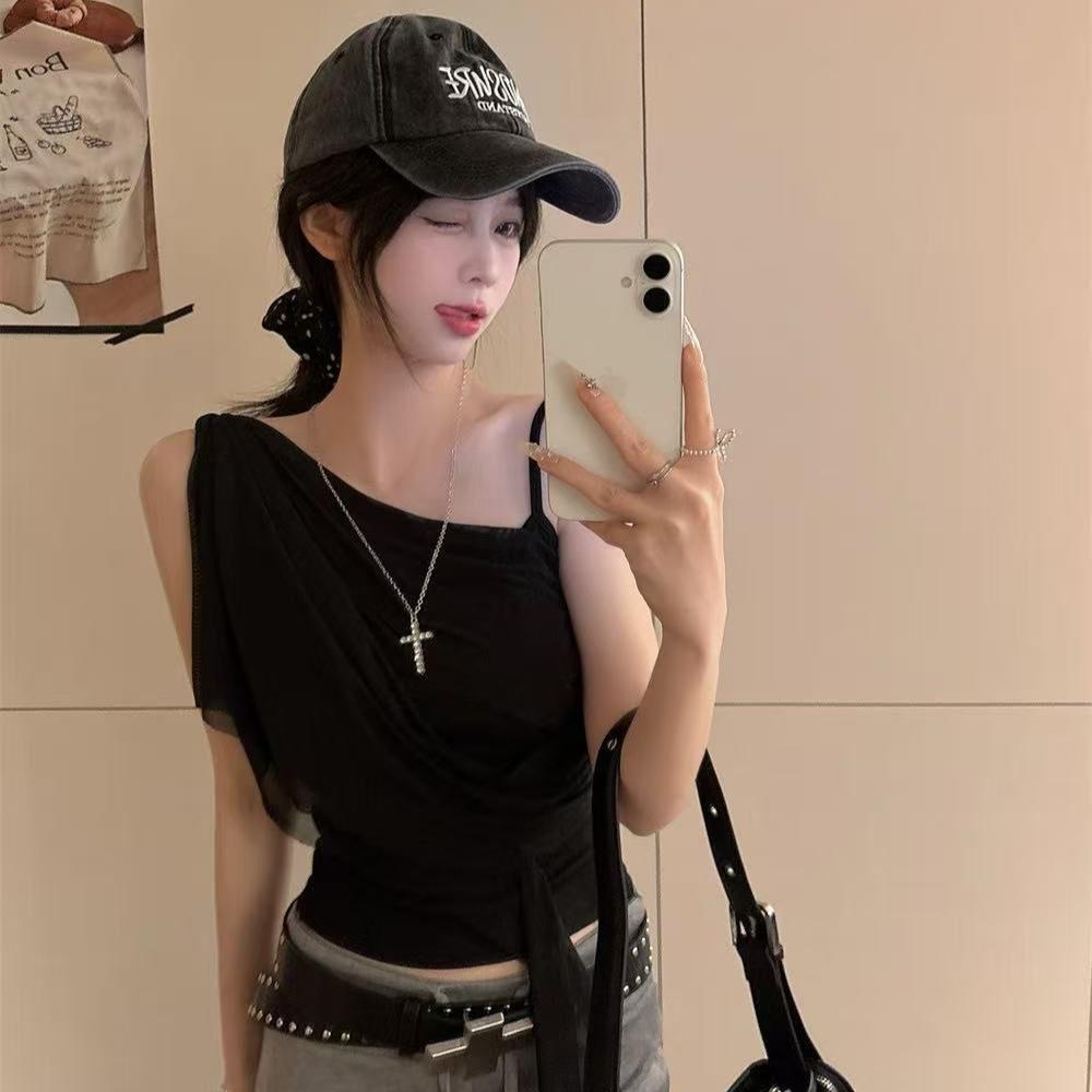 Summer new pure desire wind irregular slanted shoulder mesh sling vest women's design streamer slim top