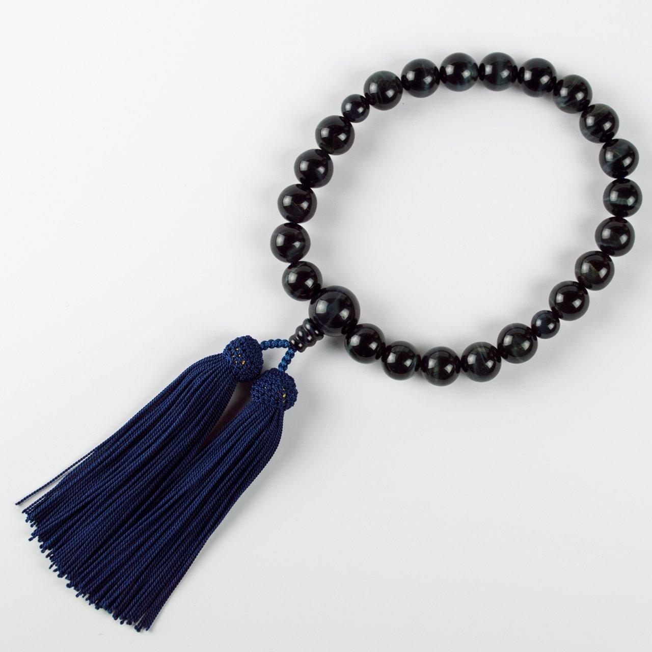 

Sato Funeral Service Blue Tiger Eye (Tiger Eye) 22-Bead Prayer Beads for Men, Suitable for All Sects, Made in Kyoto, Includes a Portable Pouch,