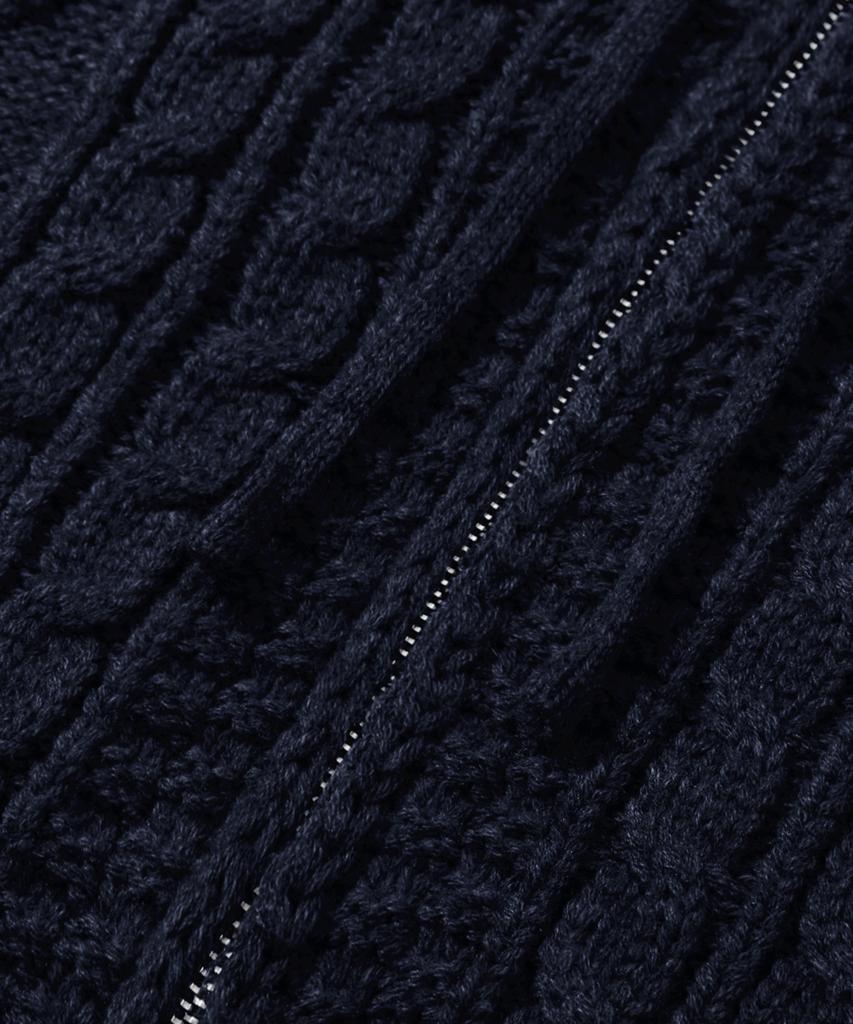 TRILLION Washable Aran Cable Hooded Zip-Up Knit (Current Navy)