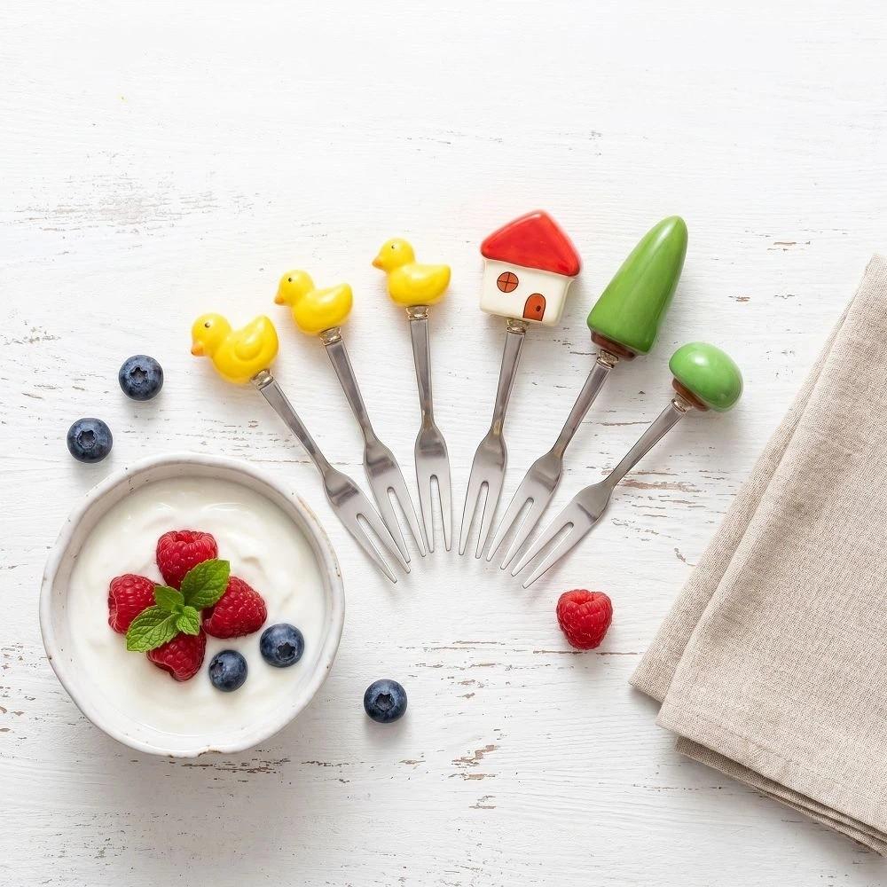 6Pcs Creative Stainless Steel Cake Fork Reusable Cute Fruit Forks Coffee Stirring