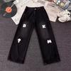 Hong Kong Trendy Men's Summer New Personalized Letter Jeans Hip Hop Ins Trendy High Street Trendy Ruffian Handsome Trousers
