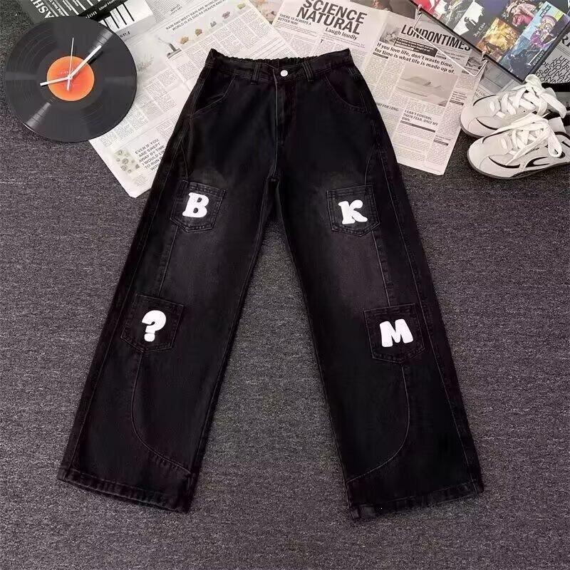 Hong Kong Trendy Men's Summer New Personalized Letter Jeans Hip Hop Ins Trendy High Street Trendy Ruffian Handsome Trousers