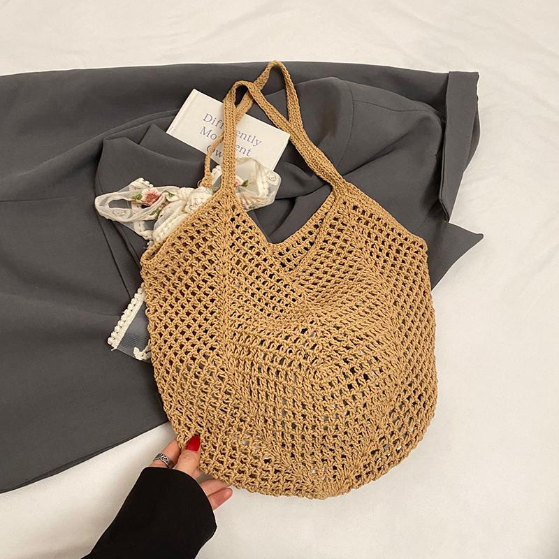 Yogodlns Solid Color Crochet Tote Handbag Summer Beach Scarf Decor Fashion Women's Mesh Woven Shoulder Bags Large Capacity Knitting Underarm Bag