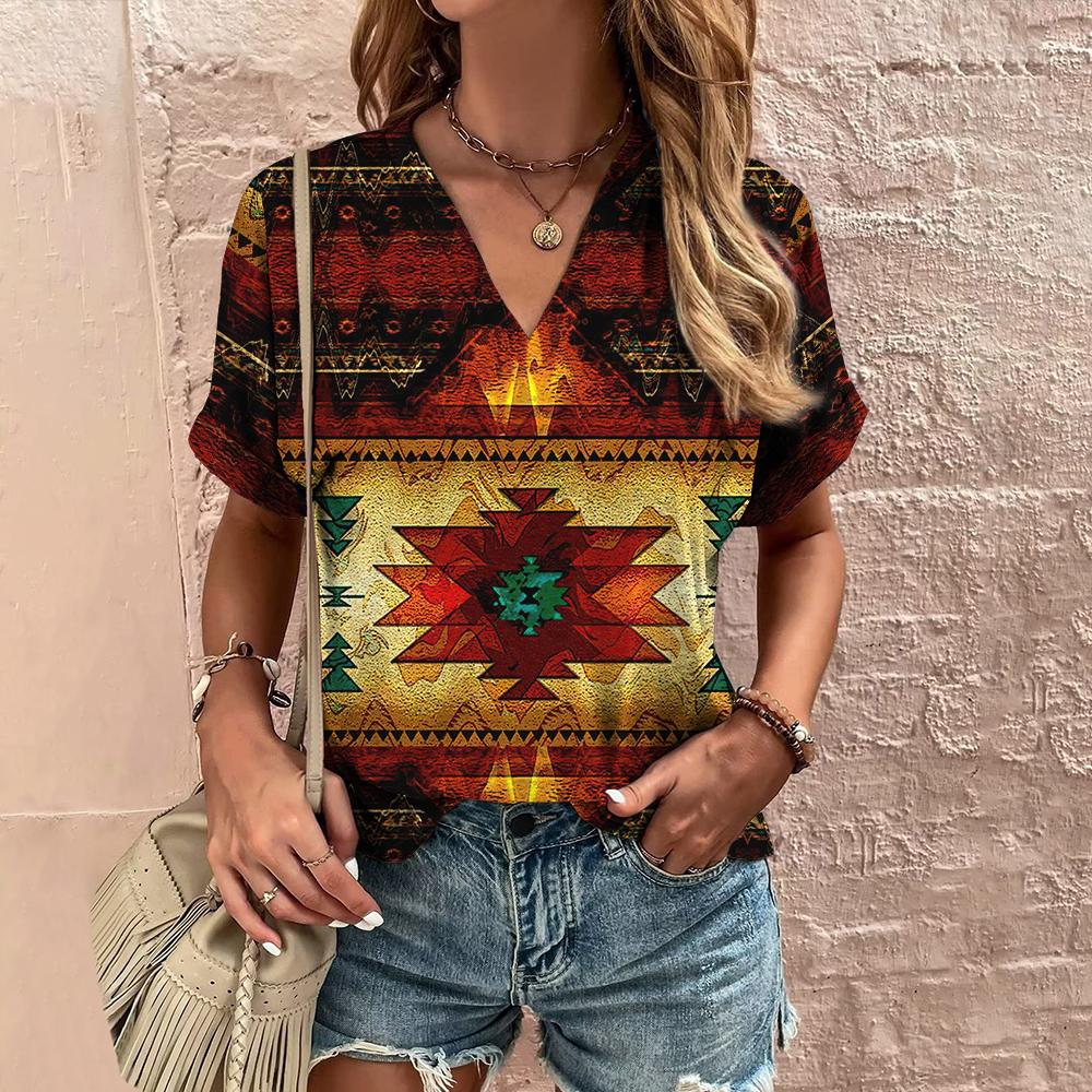 Tricou etnic de damă de vară cu decolteu în V Tricou cu mânecă scurtă Top lejer casual Tricou nou cu mânecă scurtă vintage pentru îmbrăcăminte pentru femei Cămașă