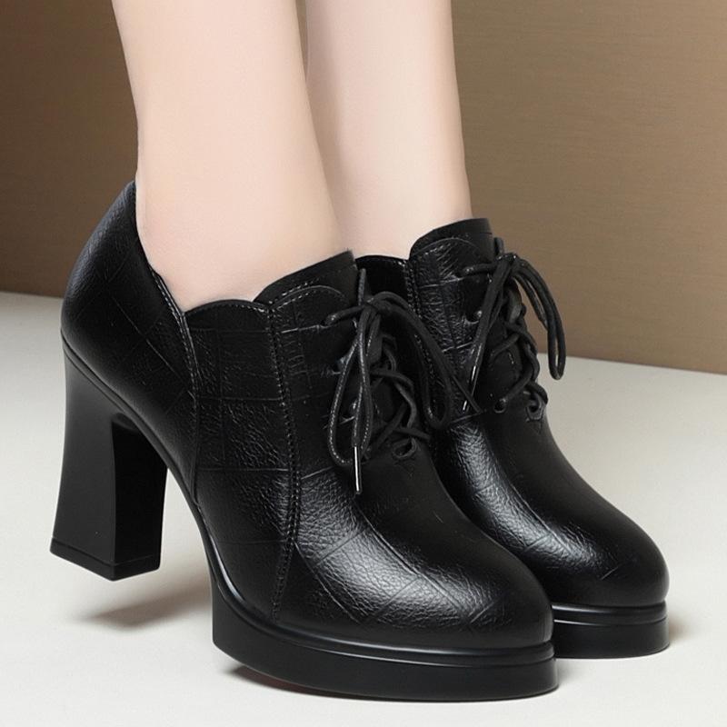 Lace-up Leather Shoes, Chunky Heeled High Heels, Soft Leather Women's Shoes, Lightweight Pointed Toe Deep-cut Leather Shoes