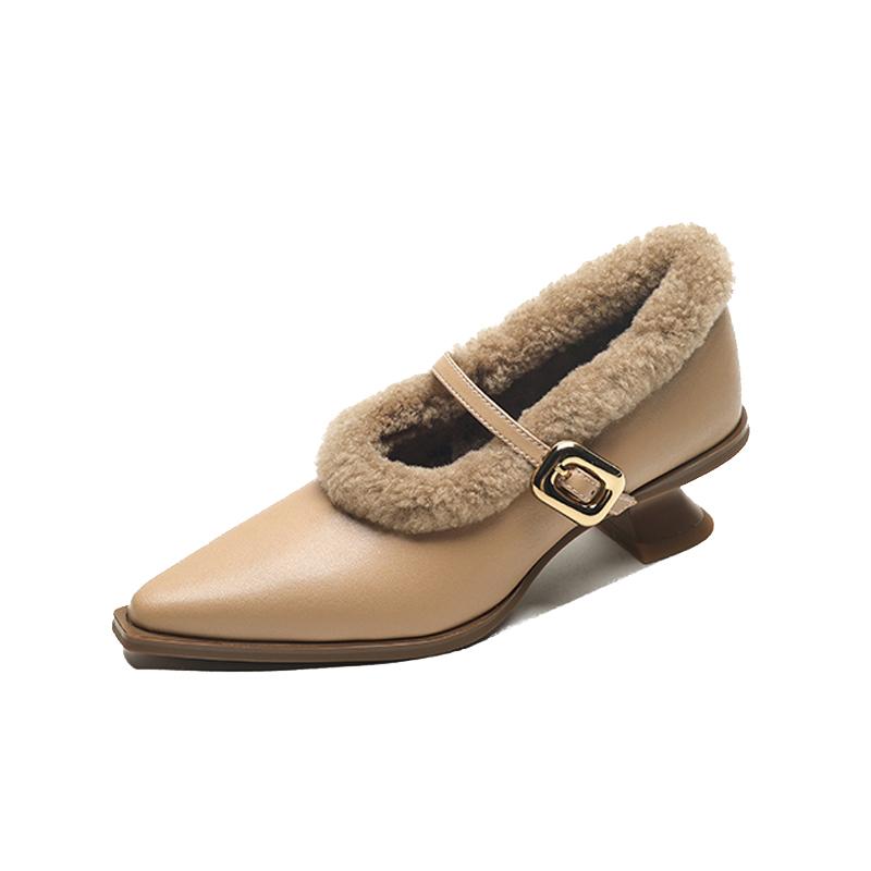 Fashion Elegant Metal Buckle Mary Janes Woman Chic  Brand Design Fur Low Heel Dress Shoes Ladies Winter Warm Plush Belt Pump Zapatos