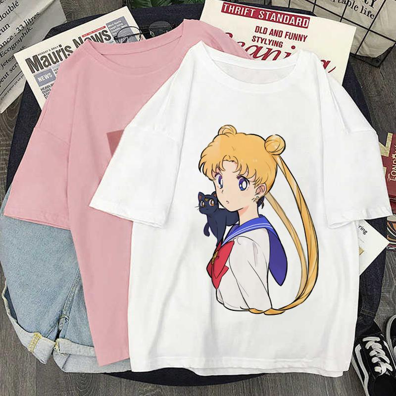 Camiseta con estampado Kawaii de Anime japonés para mujer, remera Harajuku de estética blanca y rosa, camiseta para mujer 2022
