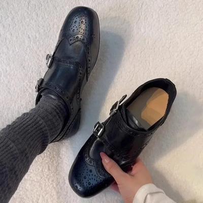 Fashion Comfortable Leather Flat Bottom Loafers Women's Retro Embossed Belt Buckle Square Head Single Shoes Genuine Leather Versatile Mi