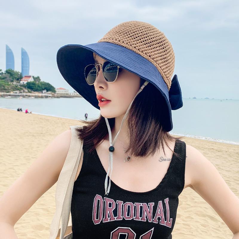 Sun hat large brim sun protection bucket hat foldable hollow splicing bow straw hat seaside vacation sun hat