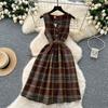 Vintage Tweed Plaid Tank Dress for Women Autumn Winter Sleeveless V-neck Single-breasted Woolen Dress with Belt