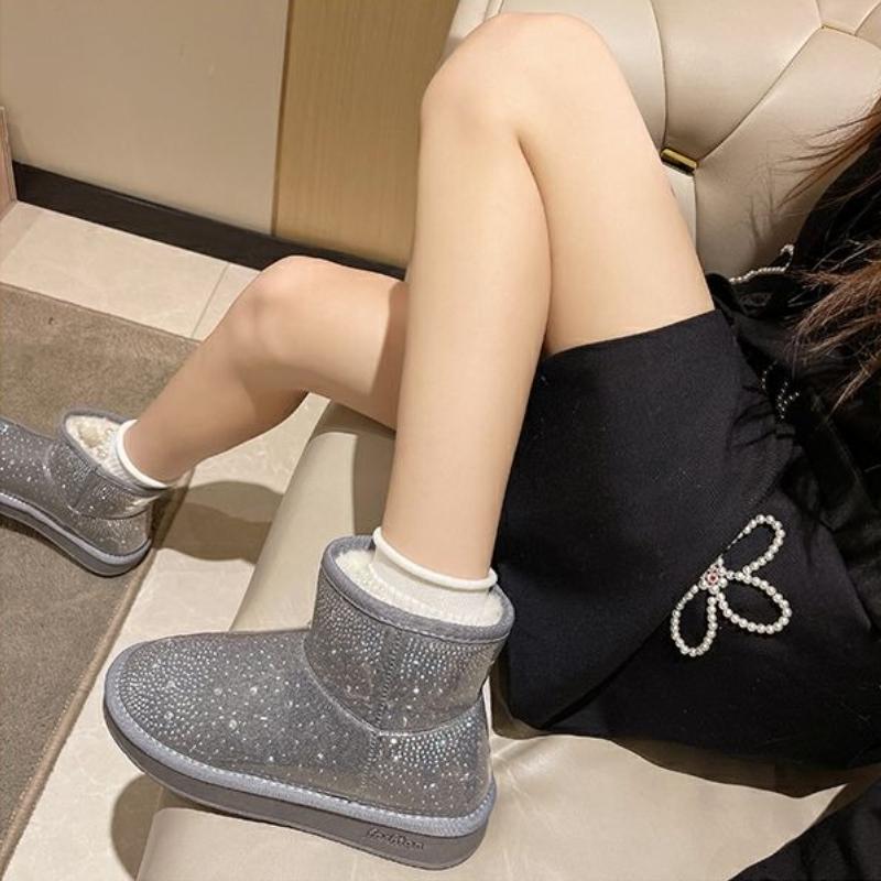 Botines de felpa impermeables con pedrería de moda, botas de nieve de plataforma de invierno para mujer, góticas, cálidas, para trabajo, antideslizantes, chic y elegantes, zapatos Y2k para mujer