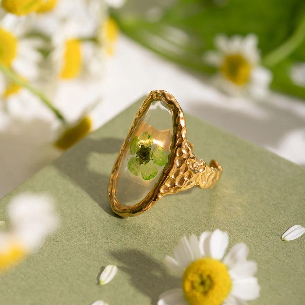 Gold Plated Gold Flower Ring Stainless Steel Minimalist Polygonal Ring  Jewelry Accessories