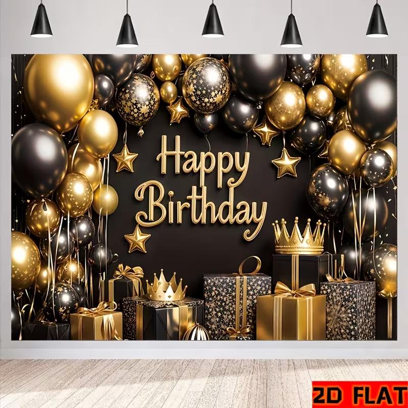 2D Luxury Black Gold Birthday Backdrop Banner King Crown Happy Birthday Party Decor Background