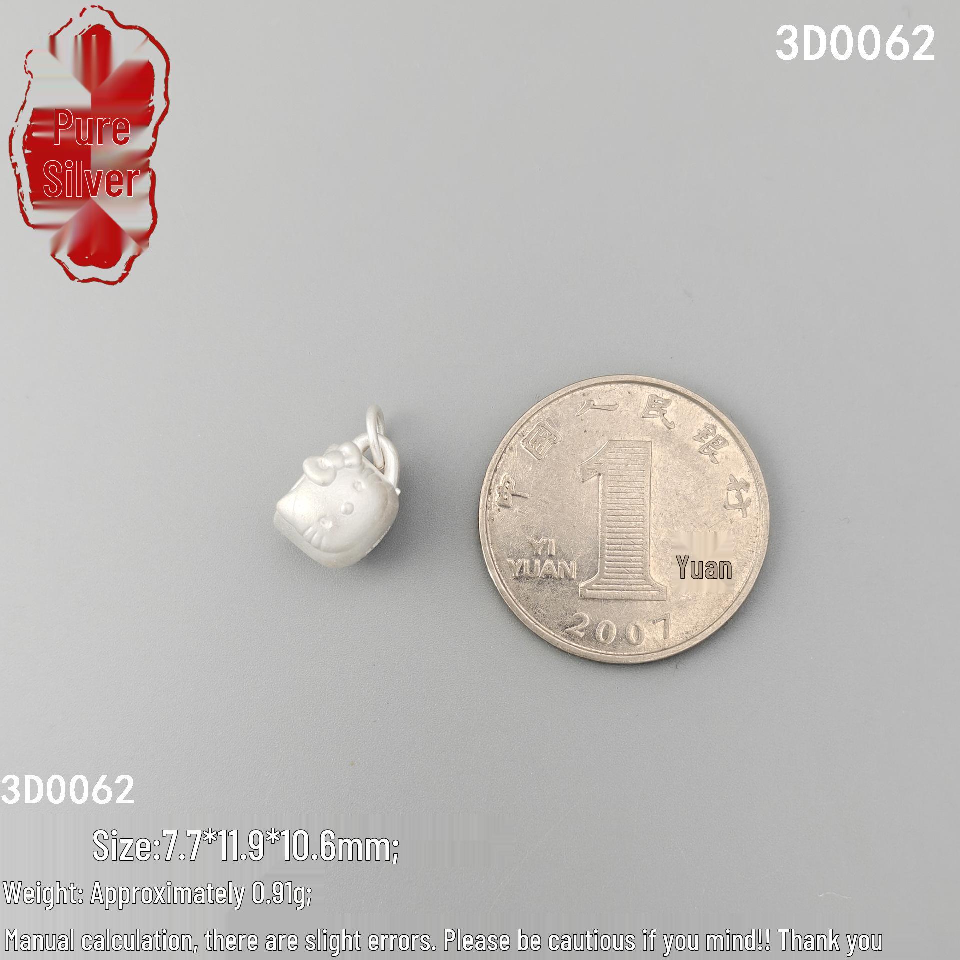 Sterling Silver 3D Hello Kitty Bracelet, DIY Cat Cup Bead Spacer, Pure Silver for Handmade Accessories 999 Pure Silver: Price for One