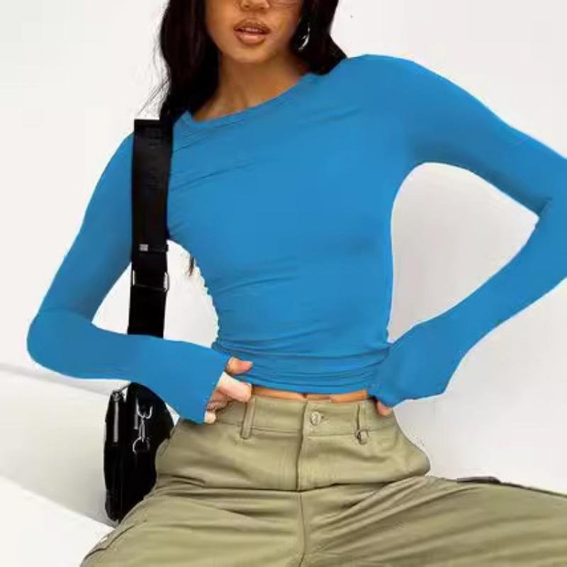 Solid Color Casual Round Neck Long Sleeved T-shirt Top