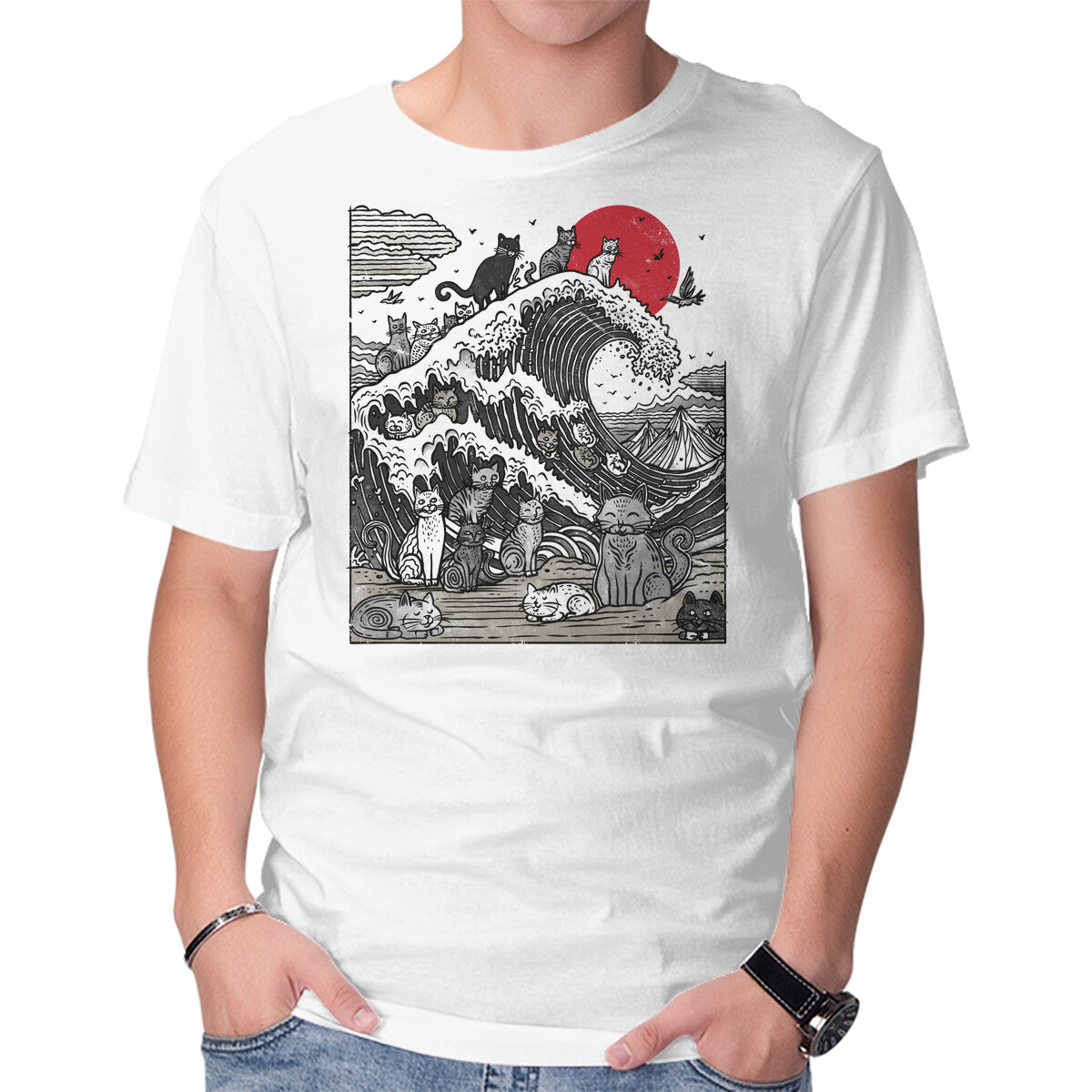 Unisex Crew Neck T-Shirt The Great Cat Wave Graphic Short Sleeve Casual Tee S