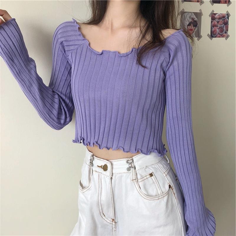 Autumn New Slim Fit Slimming One Shoulder T-shirt for Women Short Knit Sweater, Long Sleeved Top Sweaters