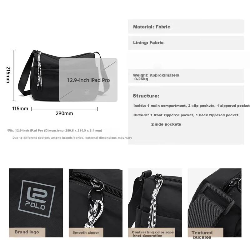 Polo Men's Lightweight Single Shoulder Crossbody Bag, Unisex Sports Sling Bag, Outdoor Cycling Bag, 12.9-inch iPad and Phone Bag