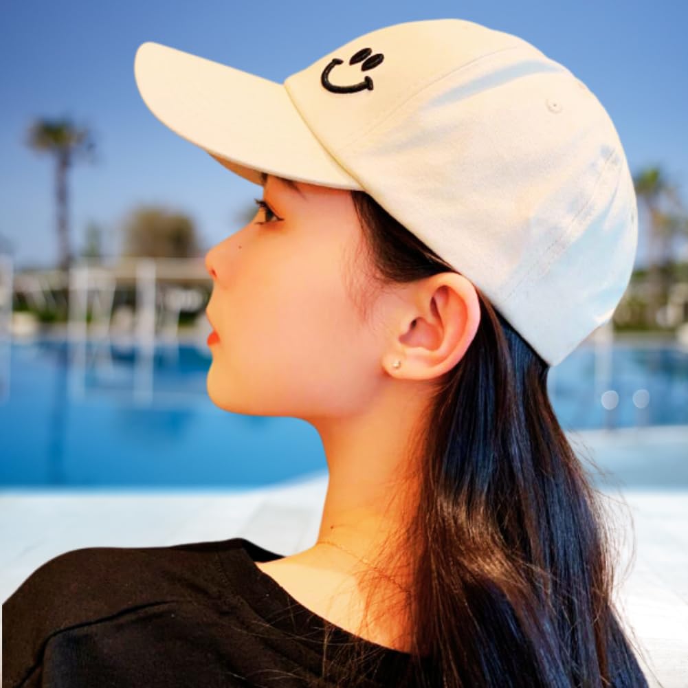 Smile Face Embroidered Unisex Baseball UV Sun Casual Outdoor Cap, Cap, White/Black, Adjustable, Protection, Protection,
