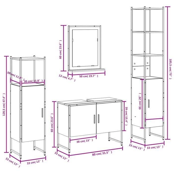 VidaXL Ensemble d'Armoires de Salle de Bain 4 pcs, Meuble-lavabo avec Étagère et Miroir, Armoire de Rangement de Toilette, 3214362