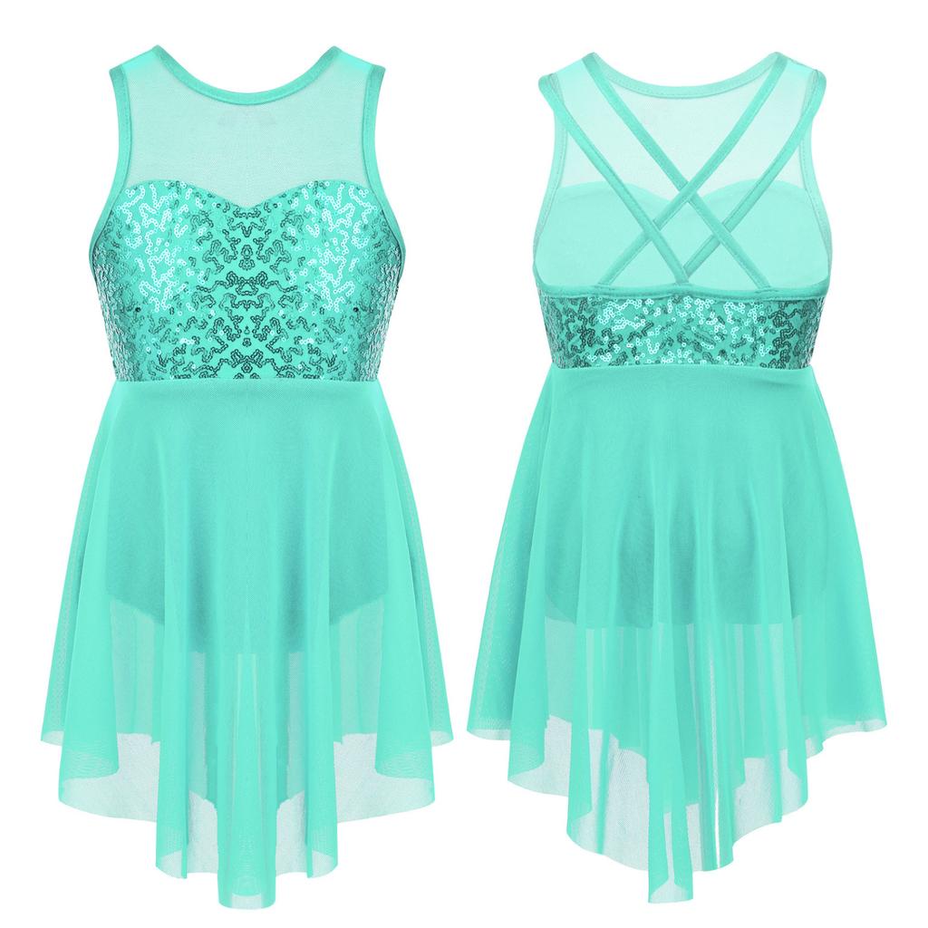 Kids Girls Modern Lyrical Dance Costumes Sleeveless Sequins Criss-Cross Back Ballet Irregular Leotard Dress