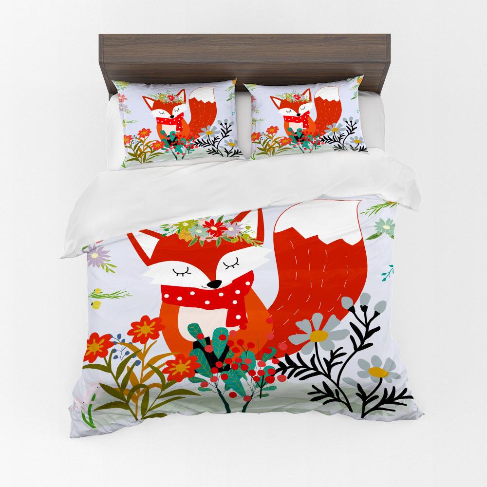 Cute Cartoon 3D Red Fox Digital Printing Three-Piece Set Size Quilt Cover Pillowcase