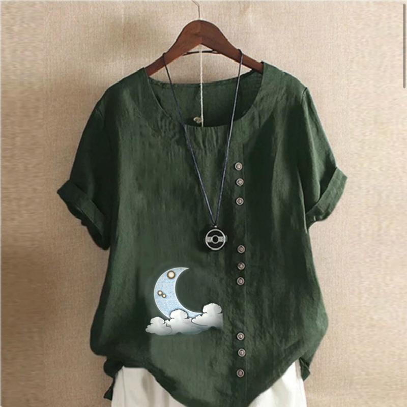 Women's Fashion Round Neck Short Sleeve T-shirt Casual Cotton Linen Graphic Shirt Leisure Loose Moon Prined Summer Blouse Tops