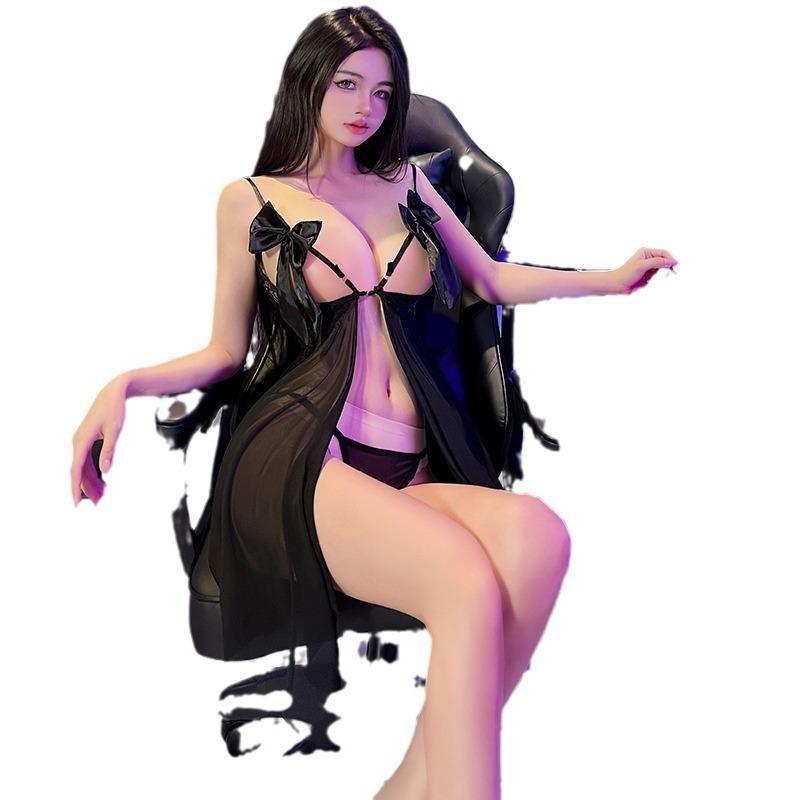 Sexy Underwear, Hot Suspenders, Sexy Hollowed-out Perspective Bow, Split-ended Backless, Passionate Mesh Nightdress Women