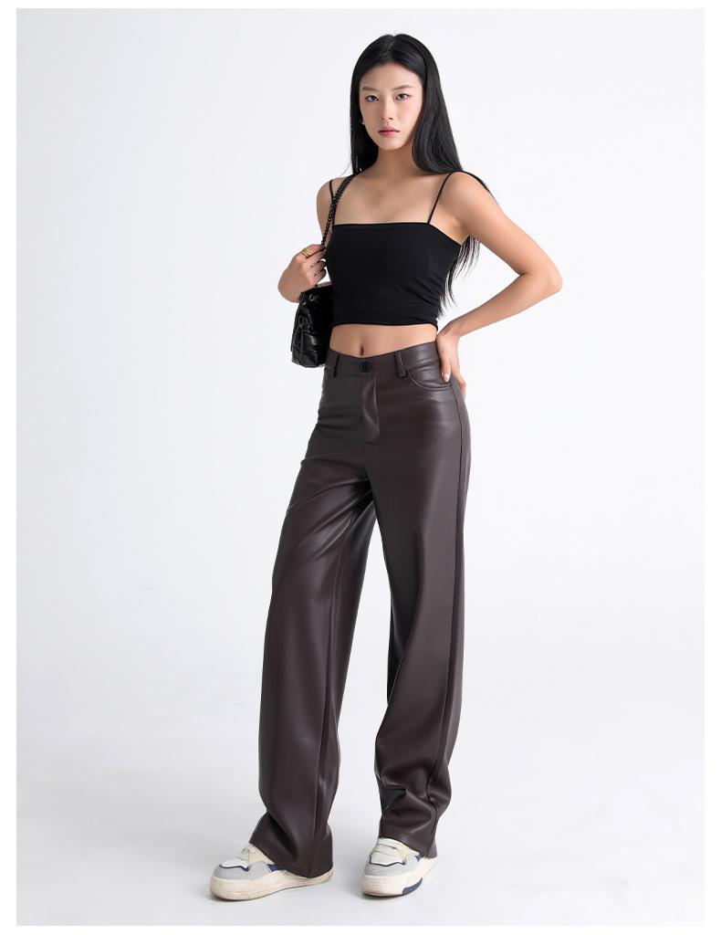 Women's High-Waisted PU Leather Wide-Leg Trousers for Autumn and Winter